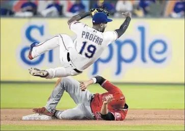  ?? Max Faulkner Fort Worth Star-Telegram ?? RANGERS second baseman Jurickson Profar completes a double play despite Andrelton Simmons’ slide.