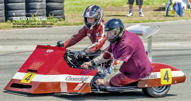  ??  ?? The team together again. Bob and Mal take the ‘new’ Wedge around Lakeside in 2014.
