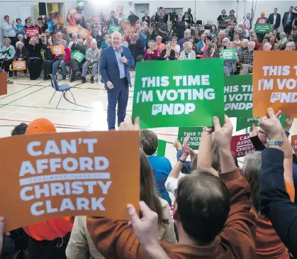  ?? DARRYL DYCK/THE CANADIAN PRESS ?? B.C. NDP Leader John Horgan addresses supporters during a campaign rally in Courtenay on May 5. That Vancouver Island riding may boost or sink his political fortunes once counting is complete today.