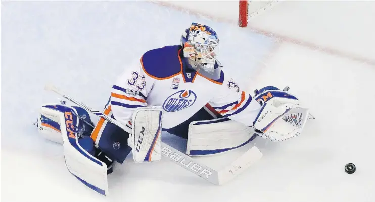  ?? — AP PHOTO ?? Oilers goalie Cam Talbot blocks a shot against the Ducks during Game 2 of their second-round playoff series in Anaheim on Friday. The Oilers won 2-1.