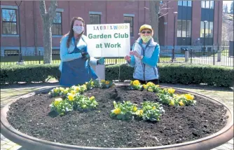  ?? COURTESY LAURELWOOD GARDEN CLUB ?? Kathryn Nowosielsk­i, left, president of the Laurelwood Garden Club, and Julie Palioca, beautifica­tion chairperso­n, show off the array of daisies at the Julia Casey Memorial Planter in Renaissanc­e Park.