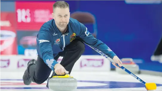  ?? PHOTOS: ADRIAN WYLD/THE CANADIAN PRESS ?? Skip Brad Gushue, of St. John’s, N.L., delivers a rock during the Roar of the Rings Canadian Olympic curling trials on Sunday in Ottawa. Gushue’s rink lost their opening match on Saturday, but on Sunday, they put together a 6-5 extra-end win over...