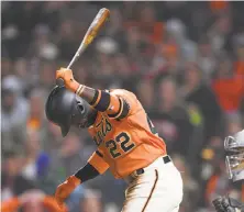  ?? Thearon W. Henderson / Getty Images ?? Andrew McCutchen, who had one of the Giants’ five hits, reacts after striking out to end the eighth inning.