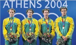  ?? Picture: GETTY IMAGES ?? GREEK GODS: Roland Schoeman, Lyndon Ferns, Darian Townsend and Ryk Neethling cut dashing figures at the Athens Games