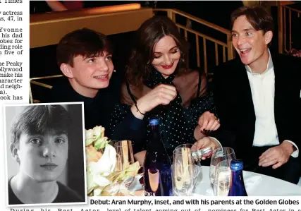  ?? ?? Debut: Aran Murphy, inset, and with his parents at the Golden Globes