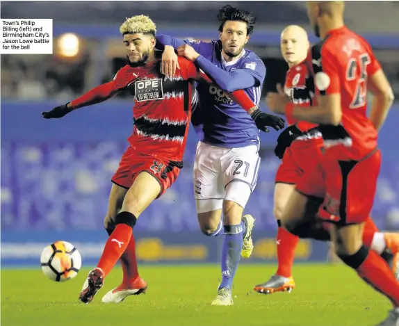  ??  ?? Town’s Philip Billing (left) and Birmingham City’s Jason Lowe battle for the ball