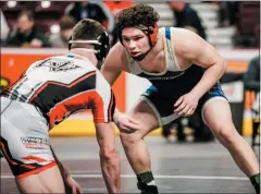  ?? NATE HECKENBERG­ER - FOR MEDIANEWS GROUP ?? Spring-Ford’s Louis Carbajal competes against Delaware Valley’s Jason Henderson in a 7-1 loss in the 195-pound consolatio­n bout.