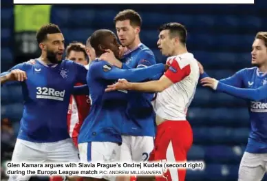  ?? PIC: ANDREW MILLIGAN/EPA ?? Glen Kamara argues with Slavia Prague’s Ondrej Kudela (second right) during the Europa League match