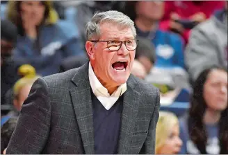  ?? JESSICA HILL/AP PHOTO ?? In this Feb. 7 file photo, UConn coach Geno Auriemma reacts in a game against Memphis in Storrs.
