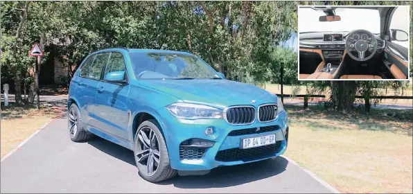  ??  ?? Brawny front bumper and wicked-looking 20” wheels give the X5 M a sporty look. Cabin (inset) is typical BMW but with a high seating position.