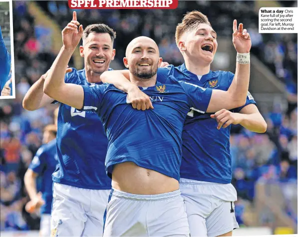  ?? ?? What a day Chris Kane full of joy after scoring the second goal. Far left, Murray Davidson at the end