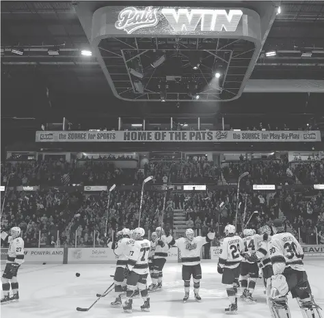  ?? MICHAEL BELL ?? The Regina Pats, shown celebratin­g a playoff victory over the Red Deer Rebels last season, hope to savour that winning feeling again on Sunday.