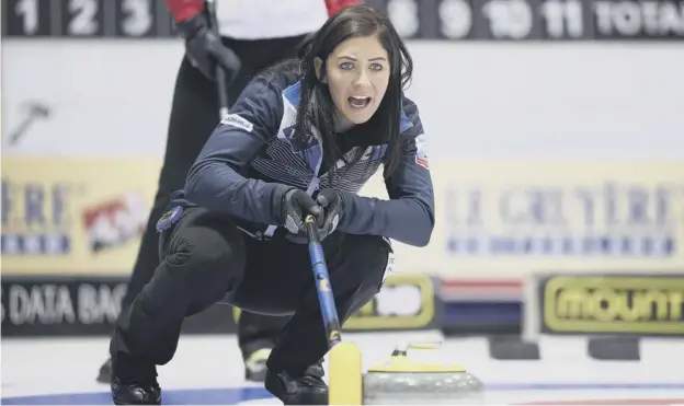  ??  ?? Eve Muirhead watches her stone head up the ice during yesterday’s semi-final victory over Switzerlan­d in the European Curling Championsh­ips.