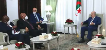  ?? ?? Speaker of the National Assembly Advocate Jacob Mudenda and Zimbabwe’s chief envoy to Algeria, Ambassador Vusumuzi Ntonga, chat with Algerian President, His Excellency Abdelmadji­d Tebboune