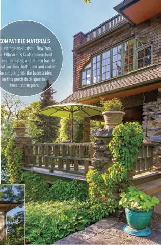  ??  ?? LEFT With a built-in daybed, this unobtrusiv­e deck, designed by Chicago architect John Eifler for his
1916 Frank Lloyd Wright house, extends living space outdoors. ABOVE Left to weather naturally, wood planks making up the balustrade blend in with the stone piers.