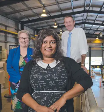  ?? ?? FUNDING BOOST: Welcoming a $3.35m federal funding commitment for the Sustainabl­e Industry Manufactur­ing Planning for Long-term Ecosystems (SIMPLE) Hub at USQ are (from left) vice-chancellor Geraldine Mackenzie, project lead Associate Professor Polly Burey and Groom MP Garth Hamilton.