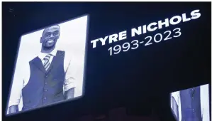  ?? (AP/Matthew Hinton, File) ?? The screen at the Smoothie King Center in New Orleans honors Tyre Nichols before an NBA basketball game between the New Orleans Pelicans and the Washington Wizards on Jan. 28.