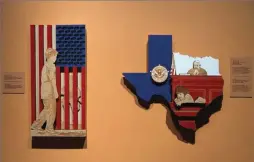  ??  ?? Jave Yoshimoto’s wood sculptures Land of Freedom, Home of Courageous, left, and Law and Order hang at the Gilcrease.