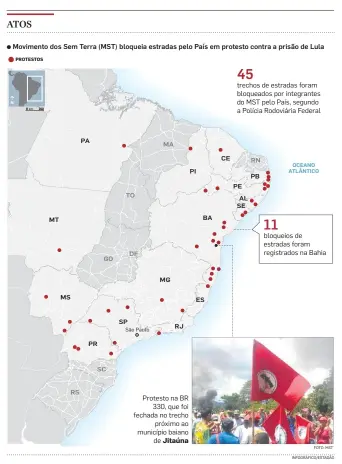  ?? FOTO: MST INFOGRÁFIC­O/ESTADÃO ?? Protesto na BR 330, que foi fechada no trecho próximo ao município baiano de Jitaúna