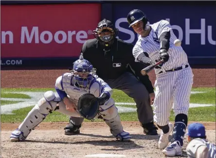  ?? JOHN MINCHILLO - THE ASSOCIATED PRESS ?? New York Yankees’ Gary Sanchez hits a home run off Toronto Blue Jays starting pitcher Ross Stripling during the fourth inning of a baseball game, Saturday, April 3, 2021, in New York.