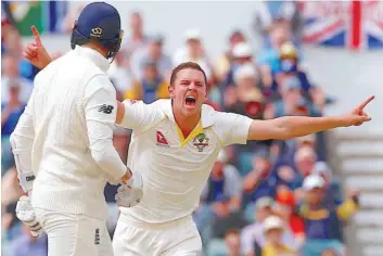  ?? — Reuters ?? Australia’s Josh Hazlewood celebrates after dismissing England’s Craig Overton during the fifth day of the third Test