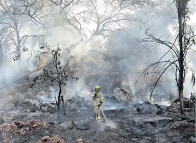  ?? AMIR LEVY (GETTY) ?? Un bombero apagaba ayer en el norte de Israel el incendio provocado por los cohetes de Hezbolá.