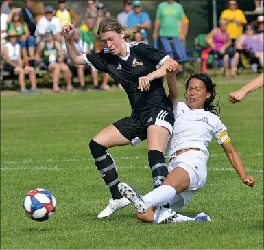  ?? STEVEN MAH/SOUTHWEST BOOSTER ?? Saskatchew­an captain Nammi Nguyen (centre) put home the tying goal during a 1-1 draw against Manitoba to open the 2019 Western Canada Summer Games on Friday.