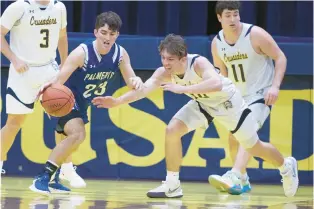  ?? DAVID GARRETT/MORNING CALL ?? Notre Dame-Green Pond’s Cameron Bohn (10) and Palmerton’s Brayden Hosier (23) battle for the ball during a Colonial League game on Jan. 19 at Notre Dame-Green Pond High School in Bethlehem Township. The teams will meet again in the Colonial League semifinals on Wednesday night.