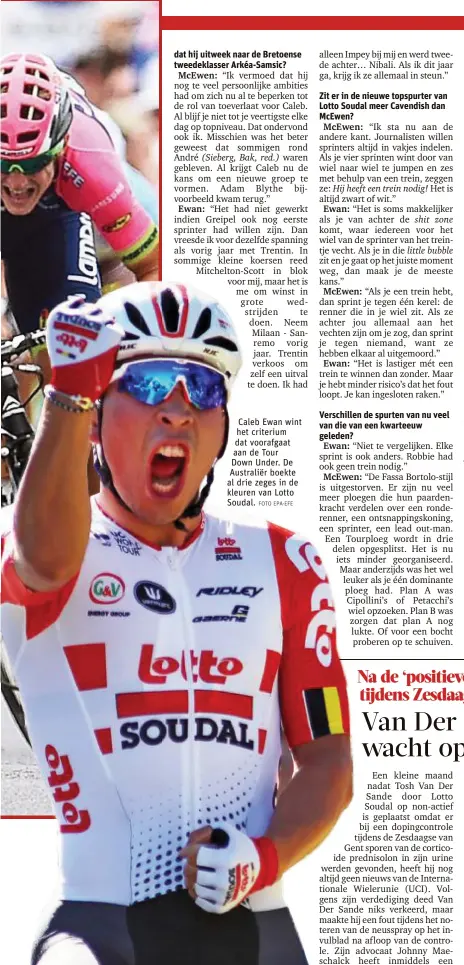  ?? FOTO EPA-EFE ?? Caleb Ewan wint het criterium dat voorafgaat aan de Tour Down Under. De Australiër boekte al drie zeges in de kleuren van Lotto Soudal.
