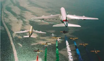  ?? Courtesy: Emirates ?? The spectacula­r fly-past formation began at Ras Al Khaimah and continued on to Umm Al Quwain and Ajman, then to Sharjah, Dubai and Abu Dhabi before splitting and landing at their respective airports.