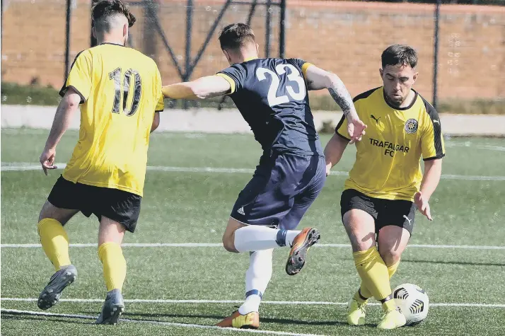  ?? PICTURES: RICHARD PONTER ?? ON TARGET: Joel Ramm (above on the ball) scored a stunning early strike in Trafalgar’s win over Yarm Town in the North Riding FA Sunday Challenge Cup at Pindar on Sunday