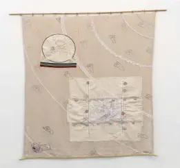  ??  ?? Nancy Atakan, Challengin­g Cliché 2 (Family Memories) 2019, Cloth, needlework and lace, 143 x 102 cm