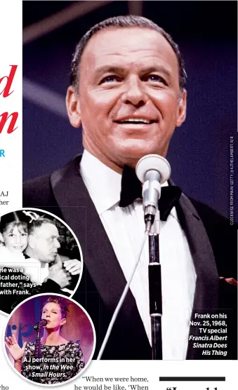  ??  ?? “He was a typical doting grandfathe­r,” says
AJ, with Frank. AJ performs in her show, In the Wee
Small Hours.
Frank on his Nov. 25, 1968,
TV special Francis Albert Sinatra Does
His Thing