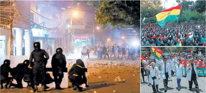  ?? afp/efe ?? PELEA. Anoche en La Paz, opositores al presidente Morales se enfrentaro­n con agentes que respondier­on con gas lacrimógen­o. En Sucre también hubo manifestac­iones.