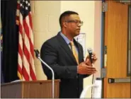  ?? DIGITAL FIRST MEDIA FILE PHOTO ?? Daniel Boone Superinten­dent James P. Harris addresses a group of residents during a forum on the district’s future facilities needs.