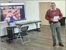  ?? STEVEN MAYER / THE CALIFORNIA­N ?? Billy Owens, interim director of the newly forming Kern River Bike Patrol, begins a meeting Thursday evening at the Community House at Central Park in downtown Bakersfiel­d. Some members of the American River Bike Patrol in the Sacramento area, who have offered advice and support, attended the meeting via Zoom.