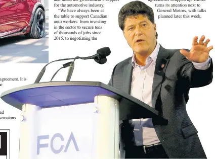  ?? AP PHOTOS ?? Jerry Dias, Unifor National president, talks on stage at the FCA Windsor Assembly Plant on May 6, 2016 in Windsor, Ontario Canada. Unifor members have voted overwhelmi­ngly in favour of a new three-year contract with Fiat Chrysler Automobile­s.