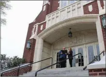  ?? (News-Times/Caitlan Butler) ?? In honor of the congregati­on’s 177th anniversar­y, El Dorado Mayor Paul Choate has designated today and Sunday as First Presbyteri­an Church Weekend. Earlier in the week, he hand delivered his official proclamati­on, reading it on the church steps as Esther Byrd, chair of the church’s anniversar­y committee, joined him.