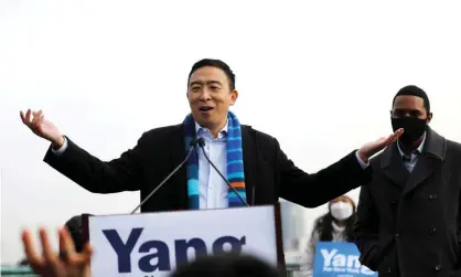  ?? Photograph: Mike Segar/Reuters ?? Andrew Yang announces his candidacy in upper Manhattan on Thursday. Yang is entering a crowded field of about a dozen mayoral candidates.