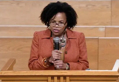  ?? JIM MICHAUD / BOSTON HERALD ?? ‘EQUITABLE ECONOMIC RECOVERY’: City Council President Kim Janey speaks during the Twelfth Baptist Church annual Dr. Martin Luther King program held on Sunday, saying an equitable recovery ‘is how we live out Dr. King’s legacy.’