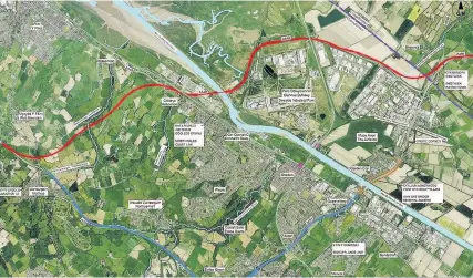  ?? UGC ?? > A map showing the two original proposed routes for the Deeside Corridor Improvemen­t scheme, the Red Route which involves a new road linking the A548 with the A55 at Northop, and the Blue Route which would have involved adapting the A494 into three...