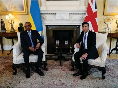  ?? ?? Britain's Prime Minister Rishi Sunak and the President of Rwanda Paul Kagame pose for the media, ahead of their meeting inside 10 Downing Street in London, Britain April 9, 2024. [Photo/Agencies]