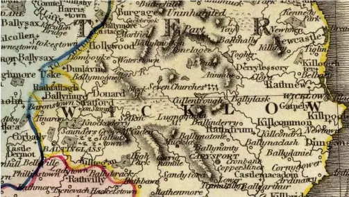  ??  ?? ABOVE: an 1813 map of ireland showing county Wicklow. assuming dr moore’s ‘flight’ route began at Baltinglas­s (lower left) his terminus was at seven churches (centre). BELOW: the frontispie­ce to the original broadsheet of 1678. FACING PAGE: Fairy...