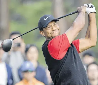  ?? KYODO ?? Tiger Woods tees off the 9th hole during the final round of the Zozo Championsh­ip, a PGA Tour event, at Narashino Country Club, east of Tokyo, Oct. 27, 2019.