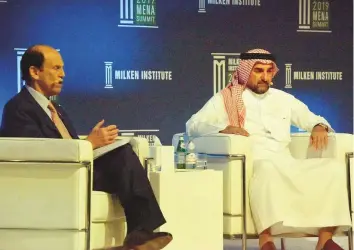  ?? Abdul Rahman/Gulf News ?? Al Rumayyan (right) with Michael Milken, Chairman of Milken Institute, during the Milken 2019 MENA Summit on the closing day in Abu Dhabi yesterday.