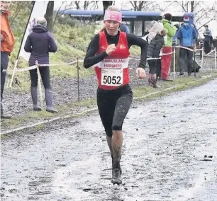  ??  ?? Medallist Moira Stewart on her way to a bronze medal for Cambuslang Harriers in Falkirk