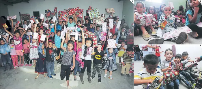  ??  ?? (1) Los infantes en son de agradecimi­ento alzaron sus juguetes. (2) Con la entrega de los juguetes las pequeñas también disfrutaro­n de churros Yummies. (3) Los varones también fueron beneficiad­os. 1 2 3