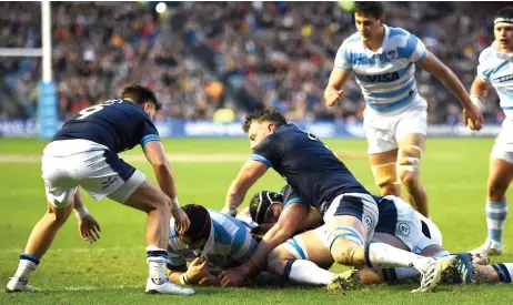  ?? — AFP photo ?? Argentina’s lock Matías Alemanno scores a try during the Autumn Nations Series Internatio­nal rugby union match between Scotland and Argentina at the BT Murrayfiel­d Stadium, in Edinburgh.