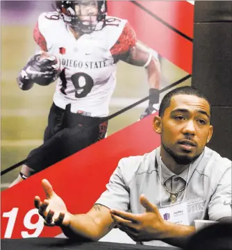  ?? JEFF SCHEID/ LAS VEGAS REVIEW-JOURNAL FOLLOW @JEFFSCHEID ?? San Diego State running back Donnel Pumphrey, the reigning and preseason Mountain West Offensive Player of the Year, talks in front of his mural at Mountain West media days Wednesday at The Cosmopolit­an of Las Vegas.