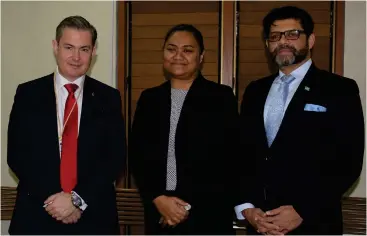  ?? Photo: Ronald Kumar ?? From left: New Zealand High Commission­er to Fiji Jonathan Curr, Ministry of Economy Permanent Secretary Makereta Konrote, and Attorney-General and Minister for Economy Aiyaz Sayed-Khaiyum during the grant signing on July 25, 2019.